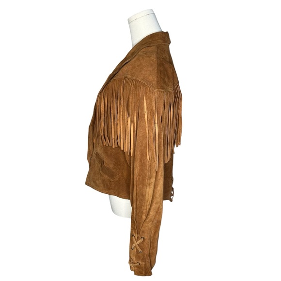 Vintage Wilson’s Leather Brown Suede Fringe Trim Diagonal Snap Button Jacket - Picture 2 of 13